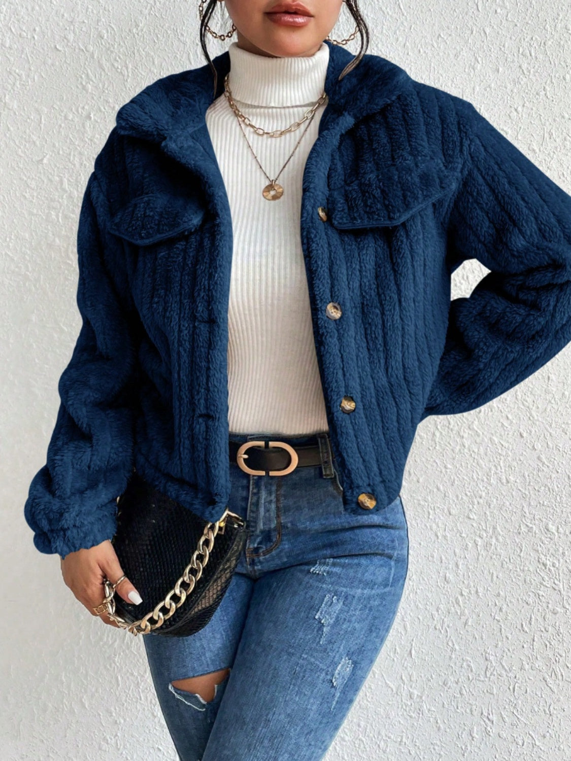 Fuzzy Button Up Collared Neck Jacket